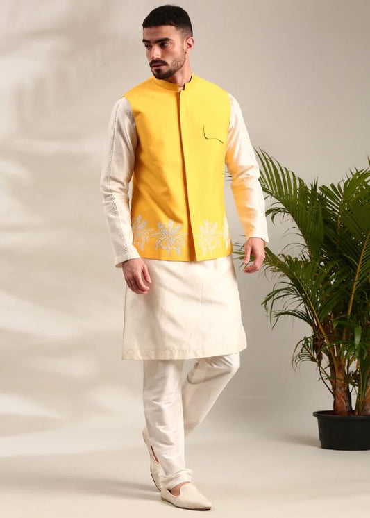 Yellow Embroidered Cotton Silk Nehru Jacket