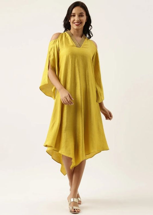 Neck Line Yellow Silk Dress-AS0481