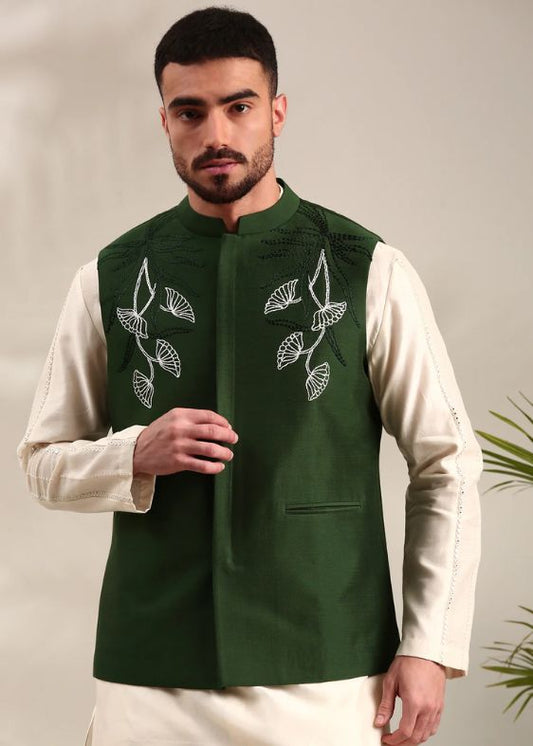 Bottle Green Cotton Silk Nehru Jacket