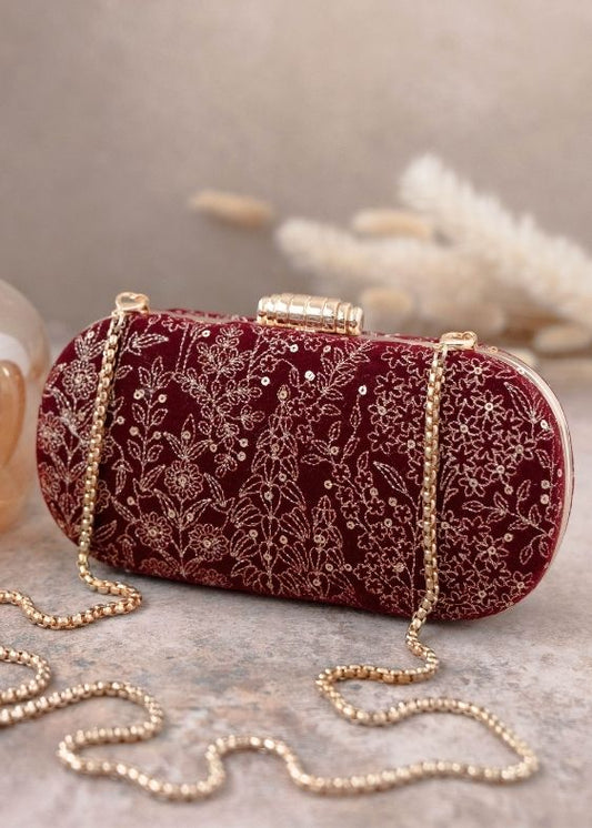 Thea velvet embroidered clutch - maroon