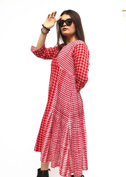 Red On Red Overlap Pleated Dress