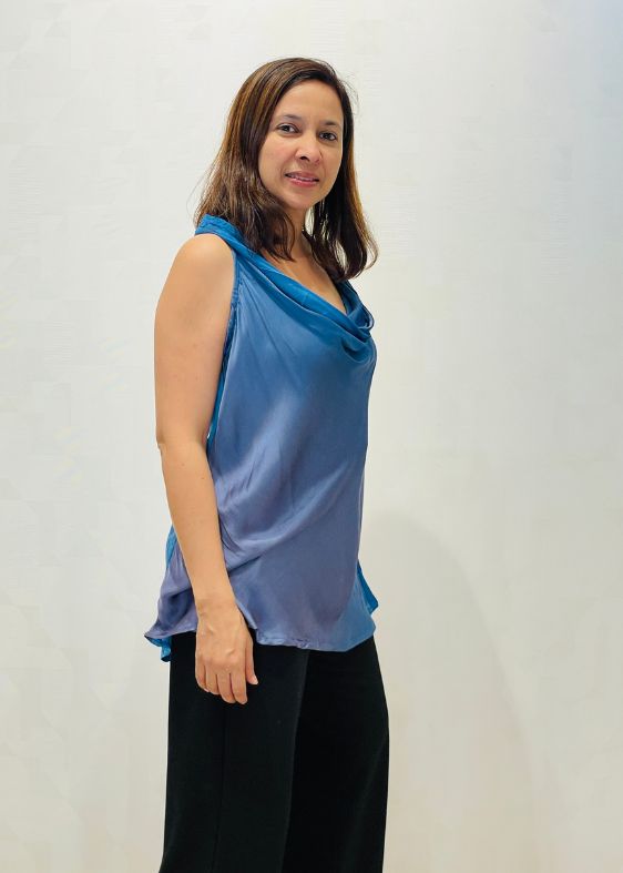 Gradiant blue cowl neck modal silk blouse