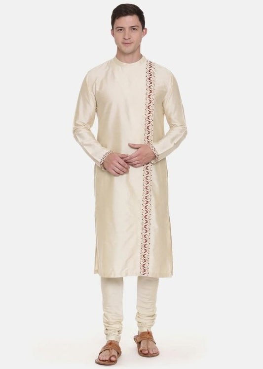 Beige Silk Embroidered Kurta Set - MMK0498