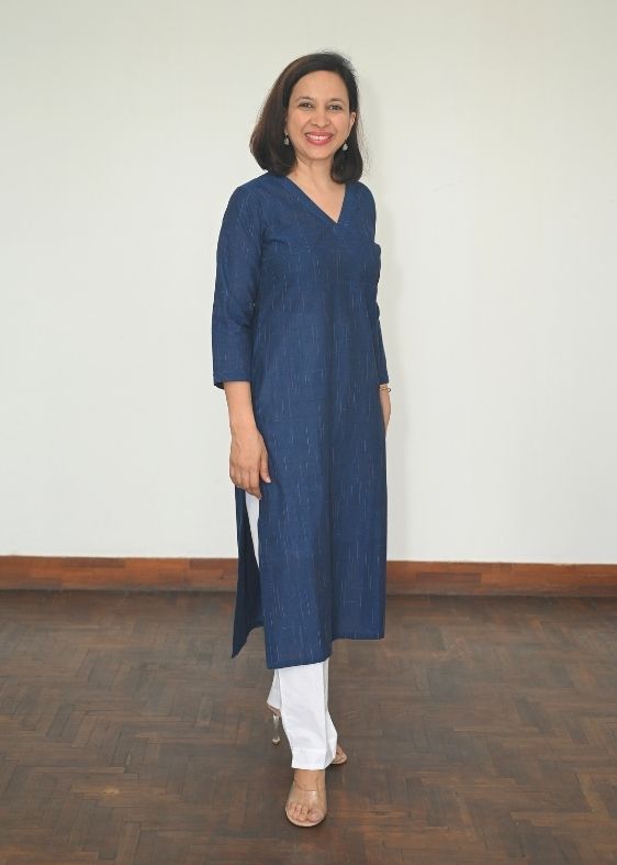 Blue Cotton Checked Design Kurta