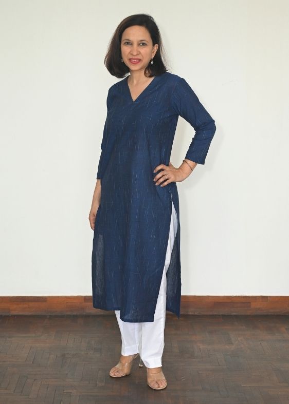 Blue Cotton Checked Design Kurta Media 1 of 3