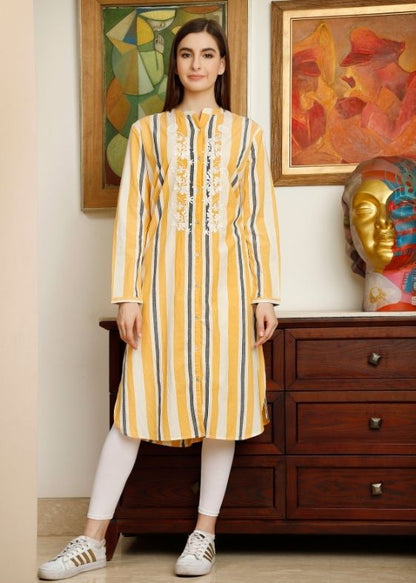 Yellow Stripes Cotton Long Kurta