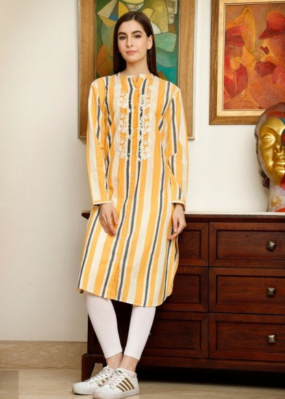 Yellow Stripes Cotton Long Kurta