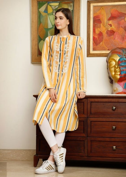 Yellow Stripes Cotton Long Kurta