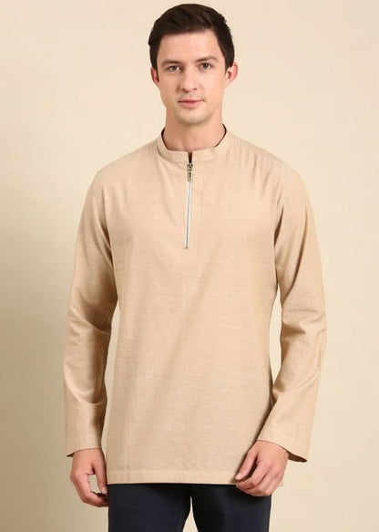 Beige Malai Cotton Short Kurta - MMSK068