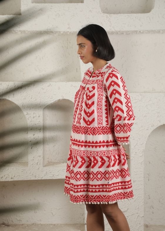 Red Ikat Print Cotton Dress