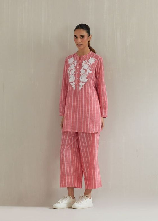 Pink stripes embroidery cotton tunic