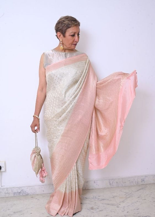 Cream Pink Gold Banarasi Crepe Silk Saree