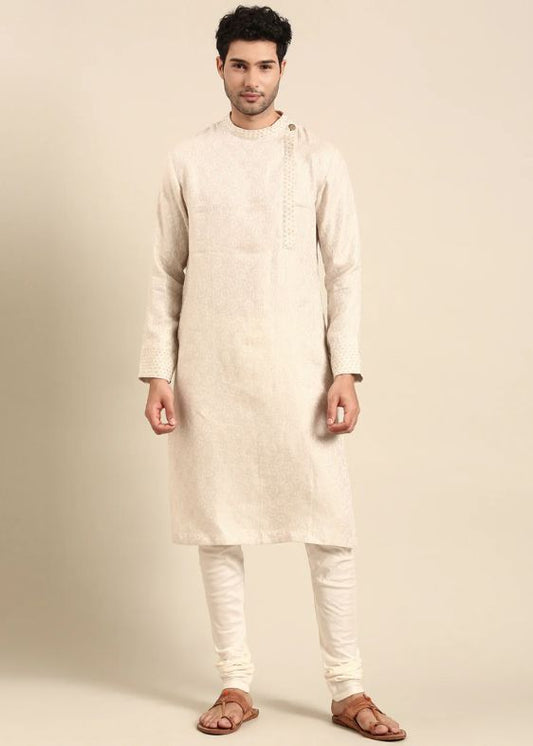 Beige Linen Embroidery Designer Kurta