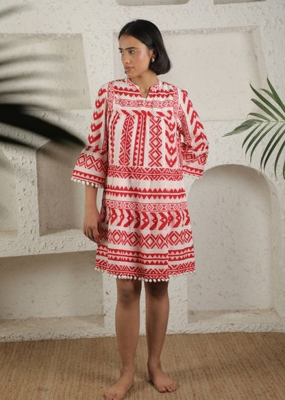 Red Ikat Print Cotton Dress