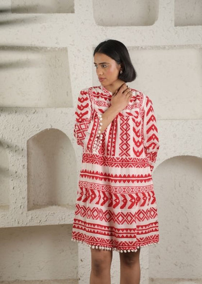 Red Ikat Print Cotton Dress