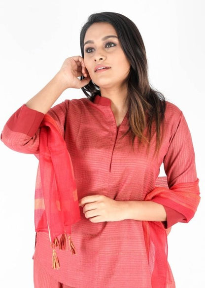 Rust waffle contrast piping ribbed tussar cotton tunic