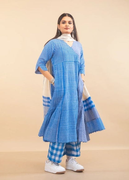 Blue Overlap Pleated Dress Set