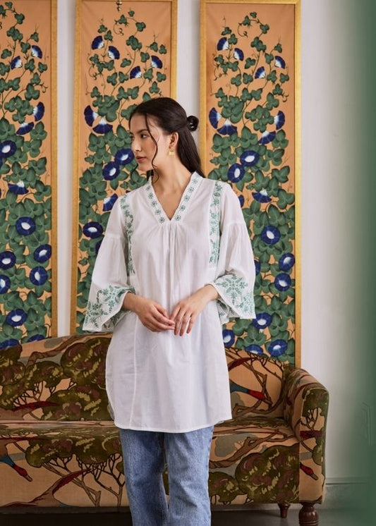 White and Green Cotton Short Kurta