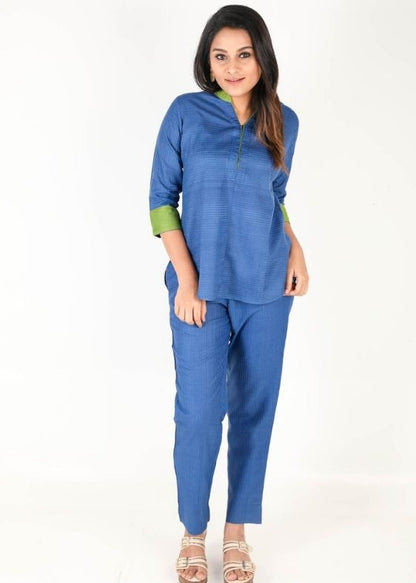 Blue ribbed tussar cotton pant