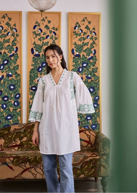 White and Green Cotton Short Kurta