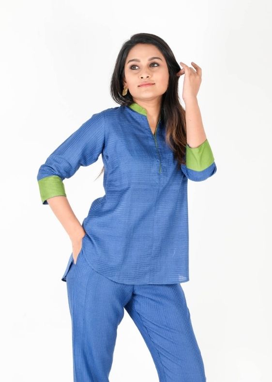 Blue ribbed tussar cotton tunic