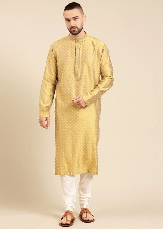 Yellow Cotton Silk Jaquard Kurta - MMK0574