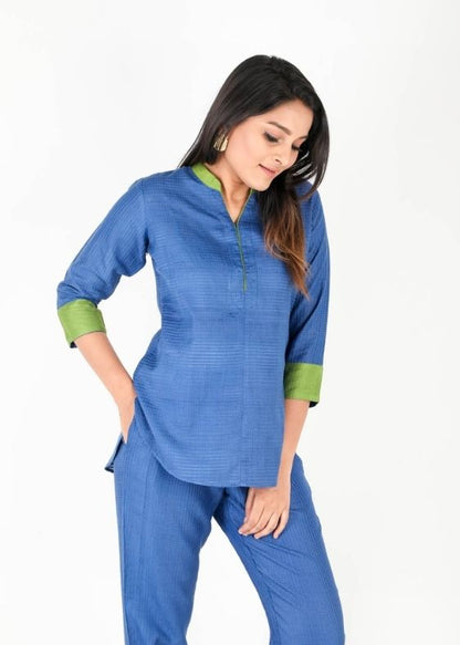 Blue ribbed tussar cotton tunic