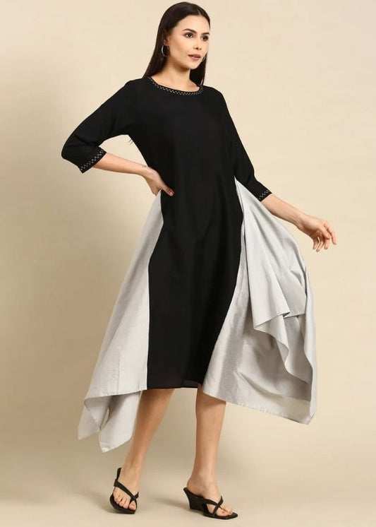 Black Cotton Silk Panel Dress-AS0663