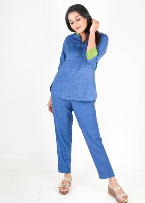 Blue ribbed tussar cotton tunic