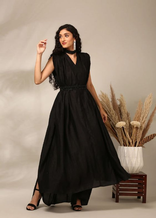 Black Slub Silk Long Dress-AS0722