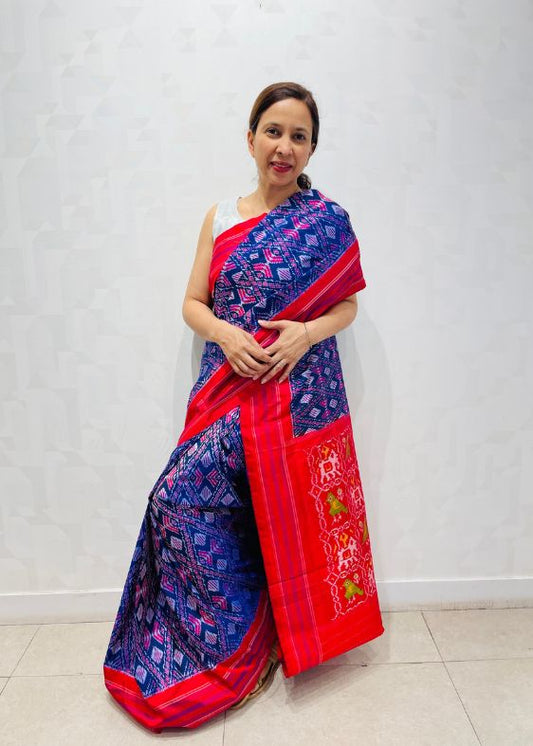 Blue and Red Ikat Saree