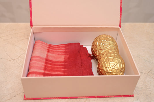 Anna Gift Box Red Silk Shibori Stole and Gold Nut Box