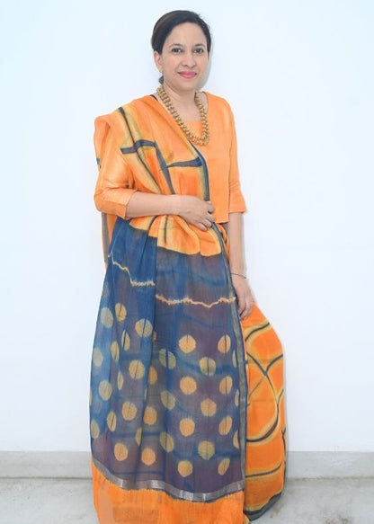 Orange Blue Shibori Silk Kota Saree