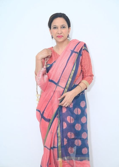 Peach Blue Shibori Silk Kota Saree