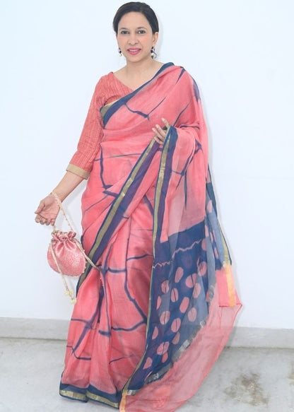 Peach Blue Shibori Silk Kota Saree