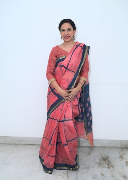 Peach Blue Shibori Silk Kota Saree