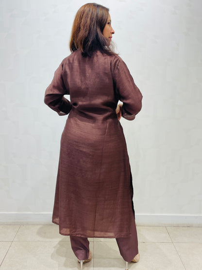 Brown self stitch line long kurta