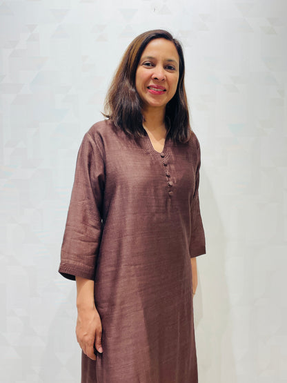 Brown self stitch line long kurta