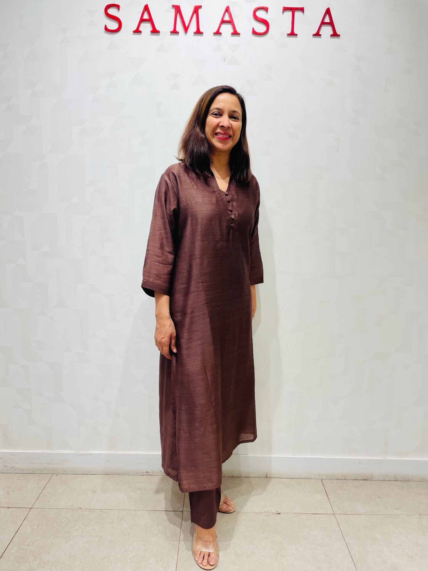 Brown self stitch line long kurta