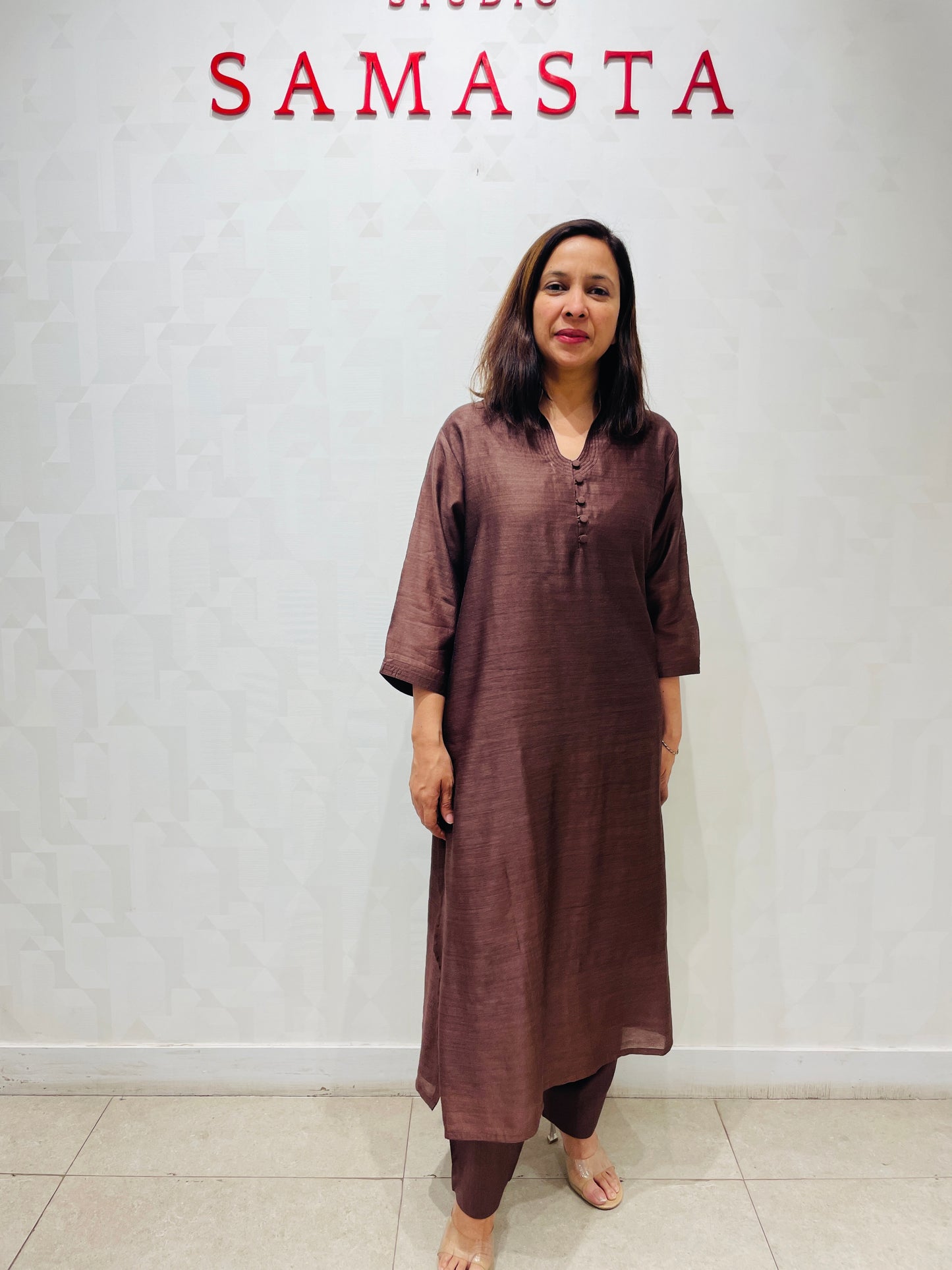 Brown self stitch line long kurta