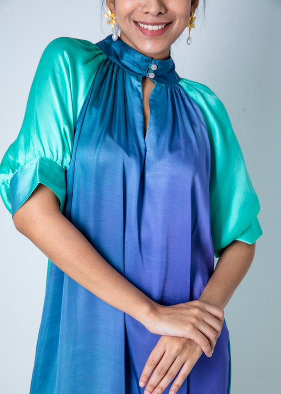 Mint Blue High Collar Ombre Modal Dress