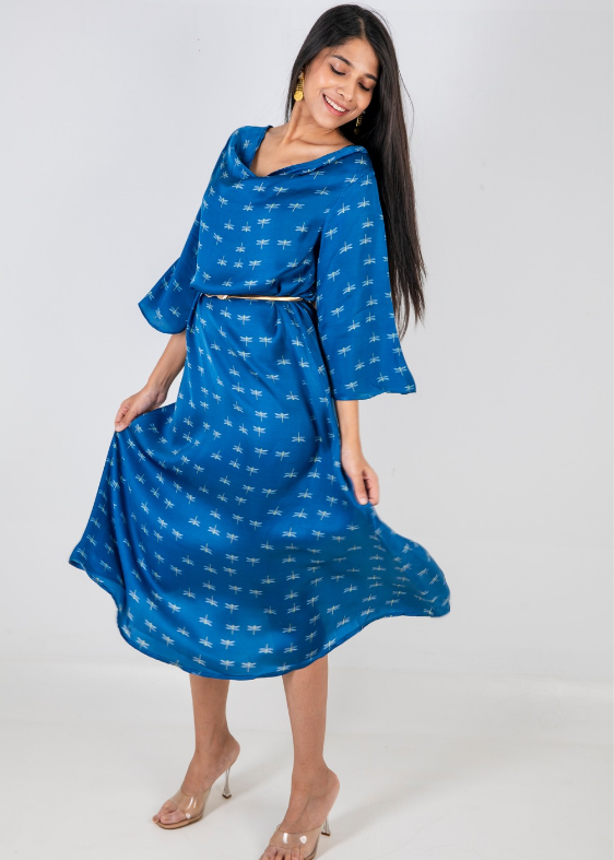 Blue Dragonfly Cowl Modal Silk Dress