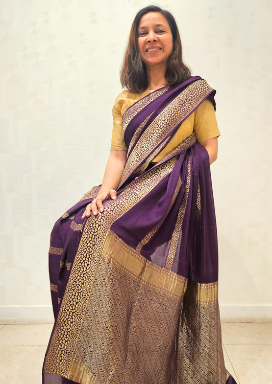 Purple Gold Band Crepe Silk Saree