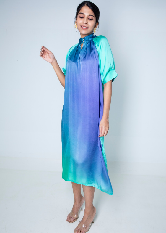 Mint Blue High Collar Ombre Modal Dress